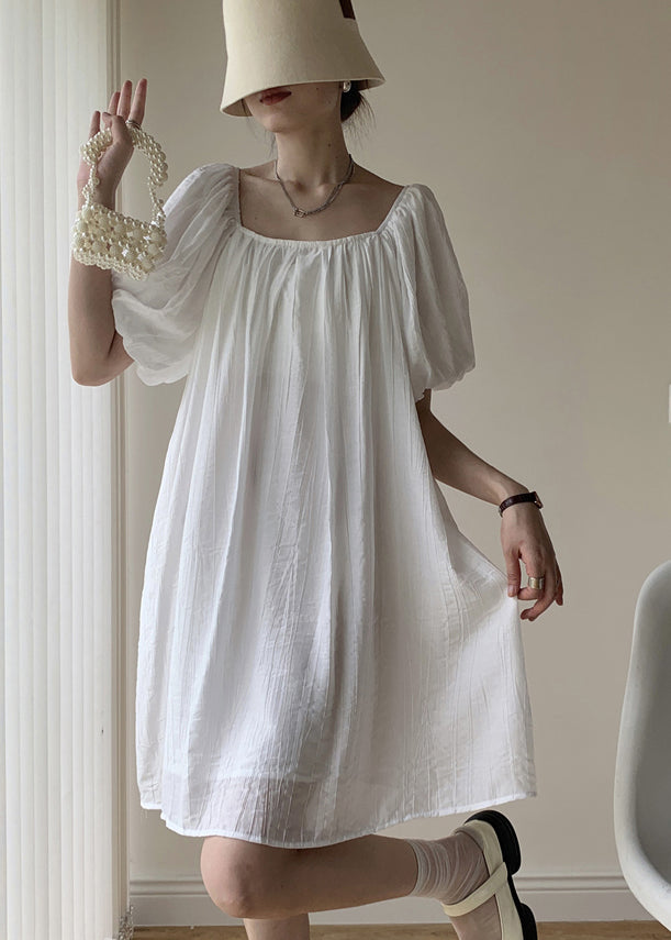 Modern White Square Collar Backless Cotton Mid Dresses Puff Sleeve