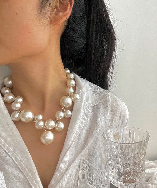 Modern White Stainless Steel Pearl Grapes Beading Princess Necklace