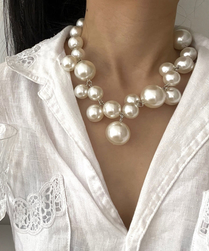 Modern White Stainless Steel Pearl Grapes Beading Princess Necklace