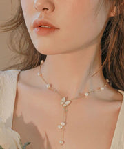 Modern White Sterling Silver Alloy Pearl Butterfly Tassel Pendant Necklace