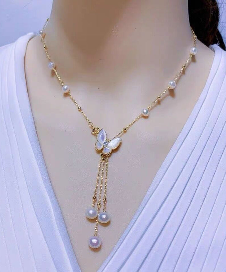 Modern White Sterling Silver Alloy Pearl Butterfly Tassel Pendant Necklace