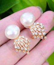 Modern White Sterling Silver Overgild Jade Zircon Stud Earrings