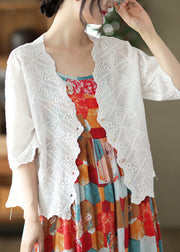 Modern White V Neck Embroideried Floral Cotton Cardigan Short Sleeve