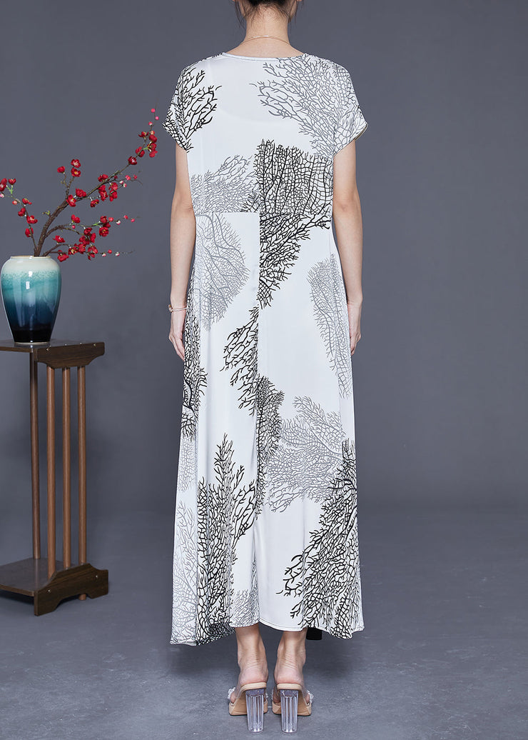 Modern White V Neck Tie Waist Print Silk Robe Dresses Summer