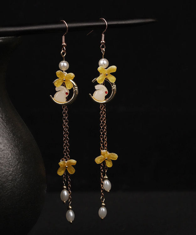 Modern Yellow Copper Overgild Pearl Tassel Agate Coloured Glaze Rabbit Drop Earrings