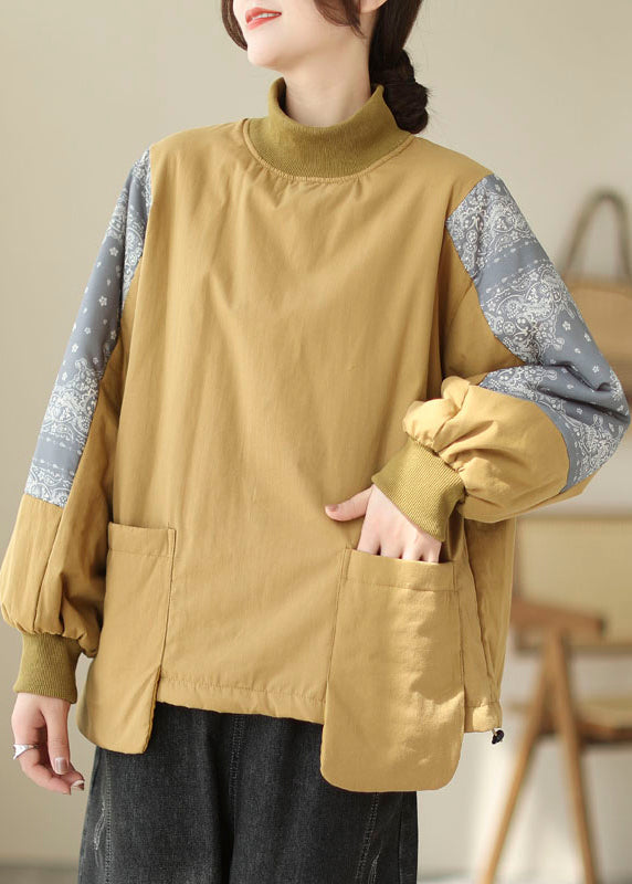 Modern Yellow Hign Neck Pockets Patchwork Fine Cotton Filled Top Winter