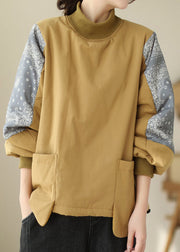 Modern Yellow Hign Neck Pockets Patchwork Fine Cotton Filled Top Winter