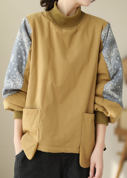 Modern Yellow Hign Neck Pockets Patchwork Fine Cotton Filled Top Winter