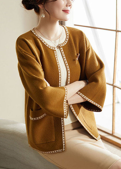 Modern Yellow O-Neck Oversized Woolen Cardigan Bracelet Sleeve