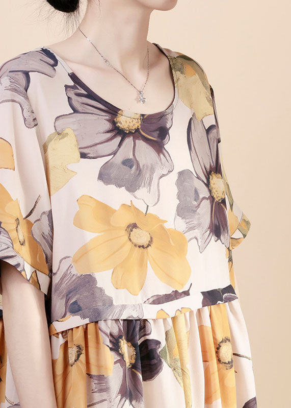 Modern Yellow O Neck Wrinkled Print Patchwork Silk Dress Summer