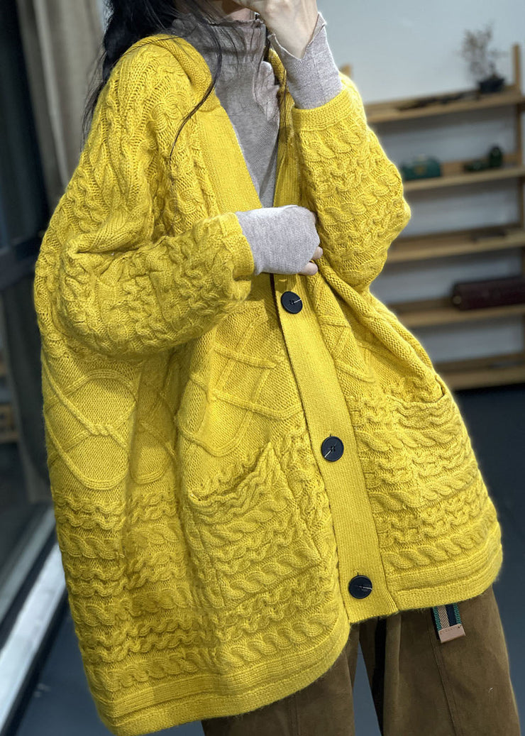 Modern Yellow Oversized Pockets Rabbit Hair Knit Cardigans Winter