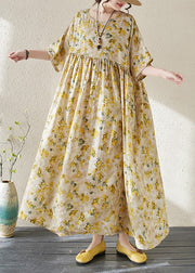 Modern Yellow Patchwork Wrinkled Dress Short Sleeve