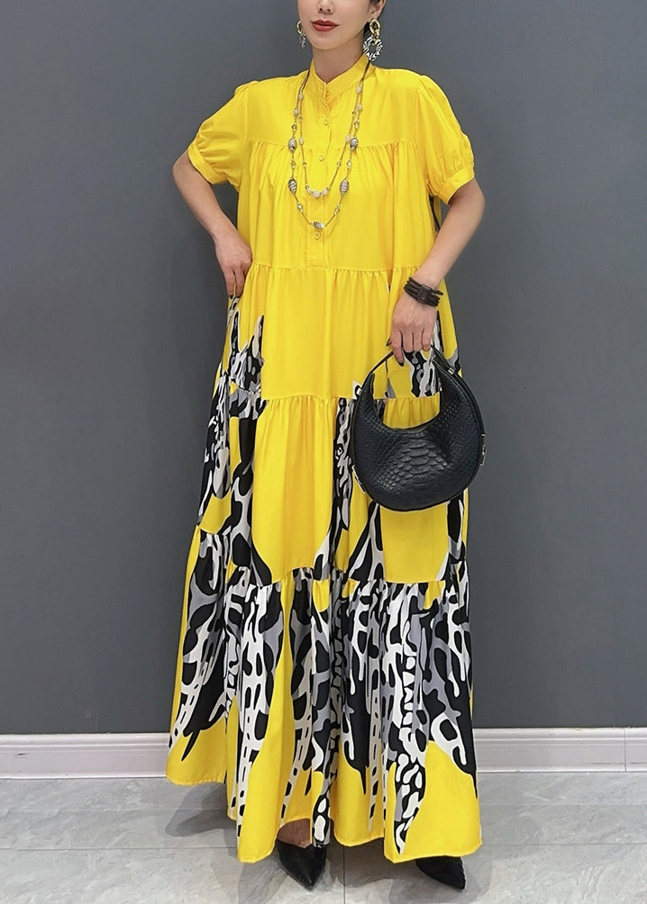 Modern Yellow Print Patchwork Long Dresses Summer