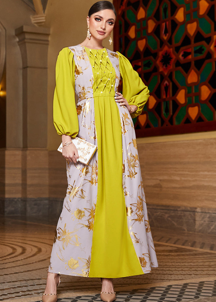 Modern Yellow Print Patchwork Wrinkled Sim Chiffon Long Dresses Fall