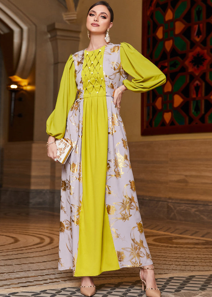 Modern Yellow Print Patchwork Wrinkled Sim Chiffon Long Dresses Fall