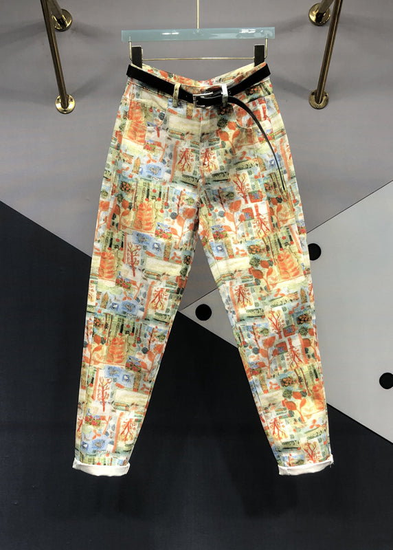 Modern Yellow Print Pockets Patchwork Denim Pants Fall