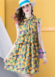 Modern Yellow Ruffled Print Patchwork Cotton Dress Sleeveless