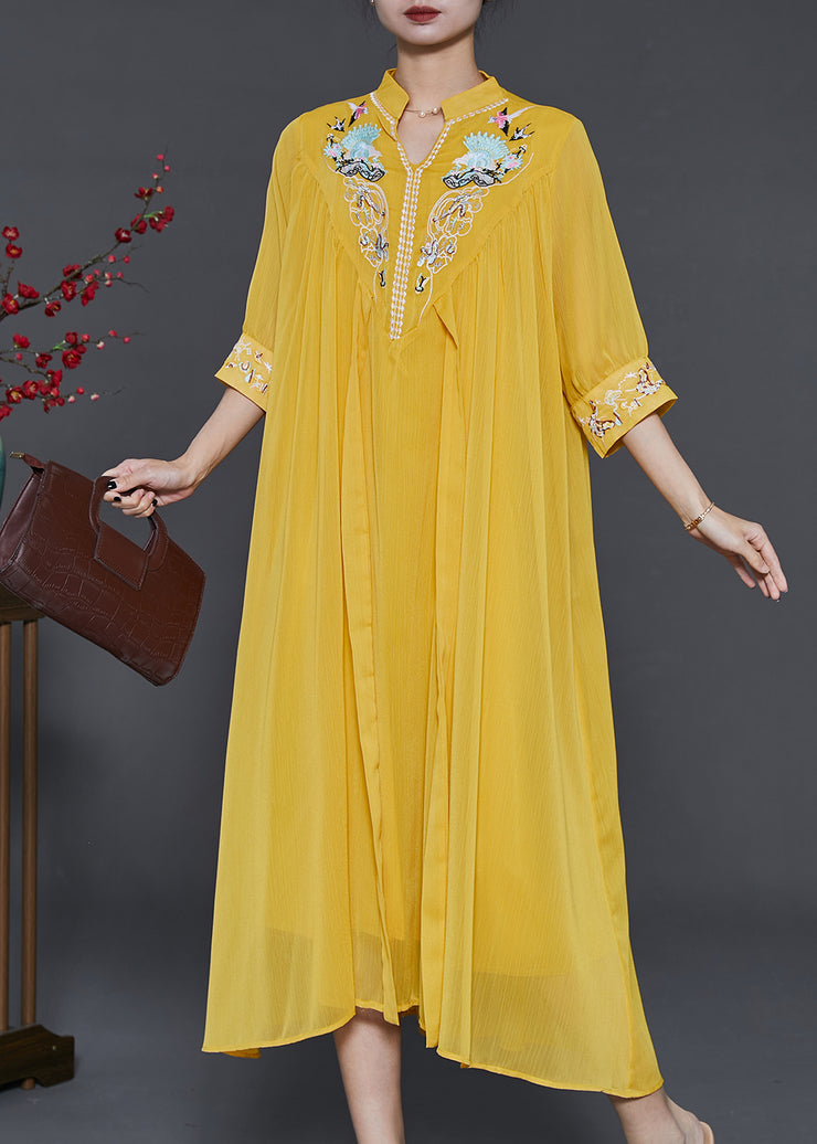 Modern Yellow Stand Collar Embroidered Beach Dresses Summer