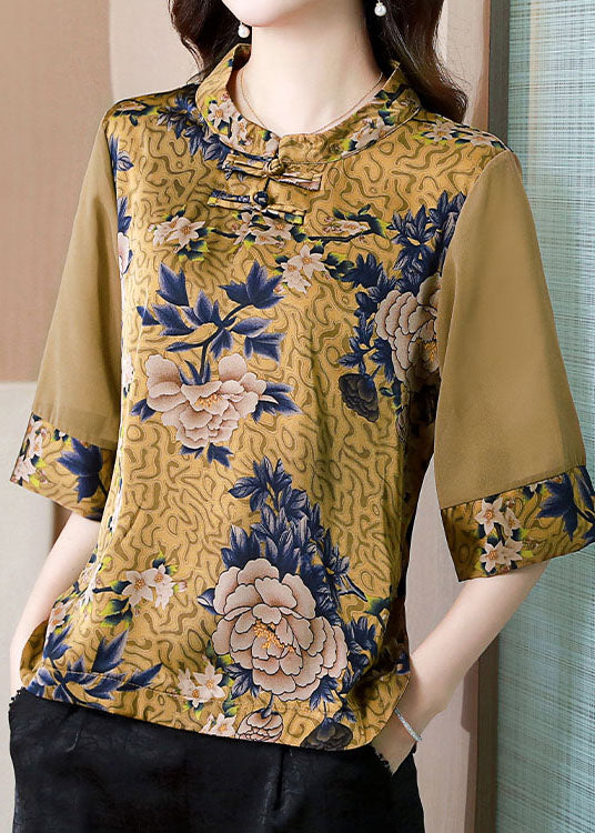 Modern Yellow Stand Collar Print Patchwork Button Silk Top Summer