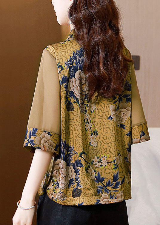 Modern Yellow Stand Collar Print Patchwork Button Silk Top Summer