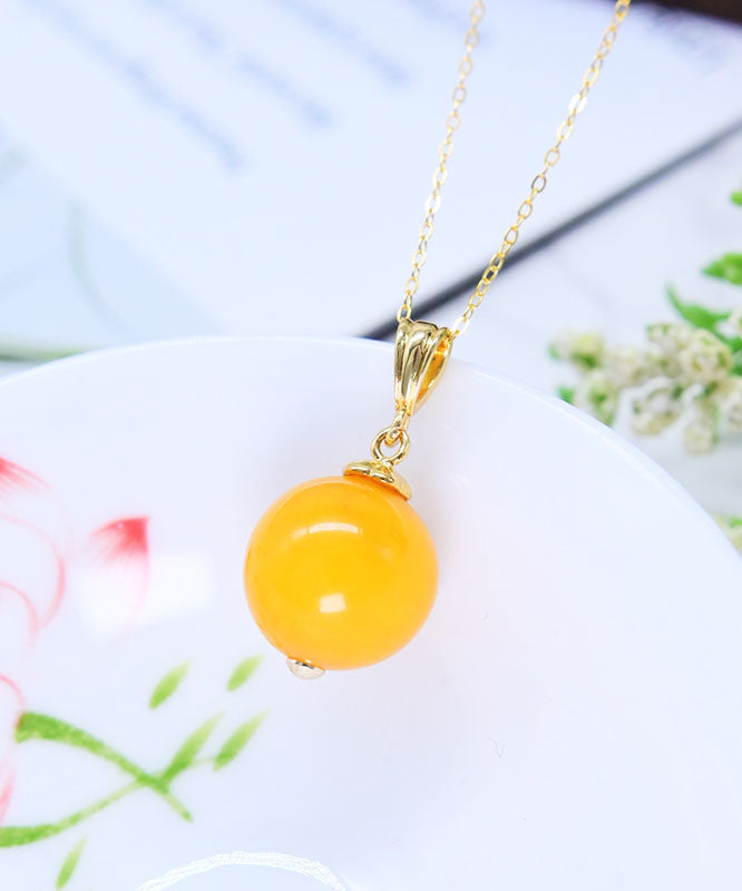 Modern Yellow Sterling Silver Overgild Amber Beeswax Round Pendant Necklace