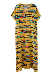 Modern Yellow Striped Print Linen Long Dresses Short Sleeve