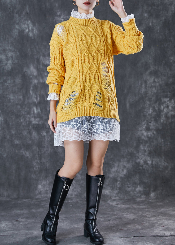 Modern Yellow Thick Knit Ripped Sweater And Lace Dress Two Pieces Set Winter