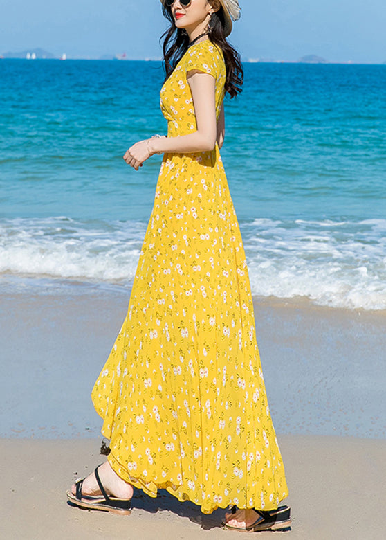 Modern Yellow V Neck Print Chiffon Long Dress Short Sleeve