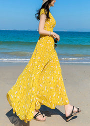 Modern Yellow V Neck Print Chiffon Long Dress Short Sleeve