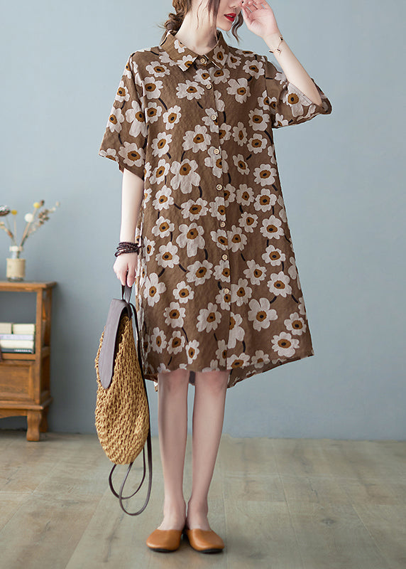 Modern Yellow Button Stand Collar Floral Print Party Dress Half Sleeve