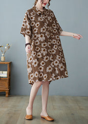 Modern coffee Button Stand Collar Floral Print Party Dress Half Sleeve