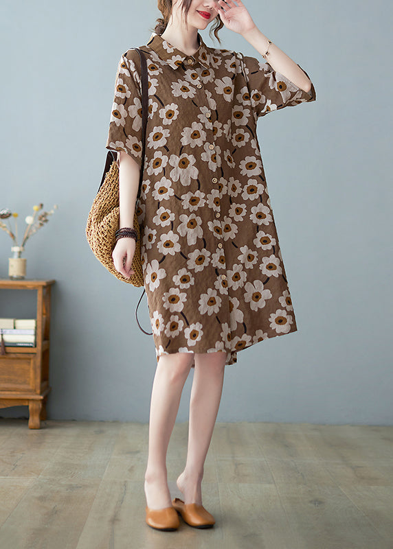 Modern Yellow Button Stand Collar Floral Print Party Dress Half Sleeve