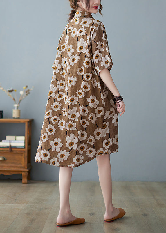 Modern Red Button Stand Collar Floral Print Party Dress Half Sleeve