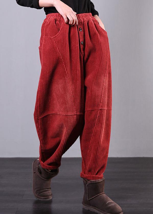 Modern Red Women Pants Oversize Fall Corduroy Pockets Cotton Casual Pants - bagstylebliss