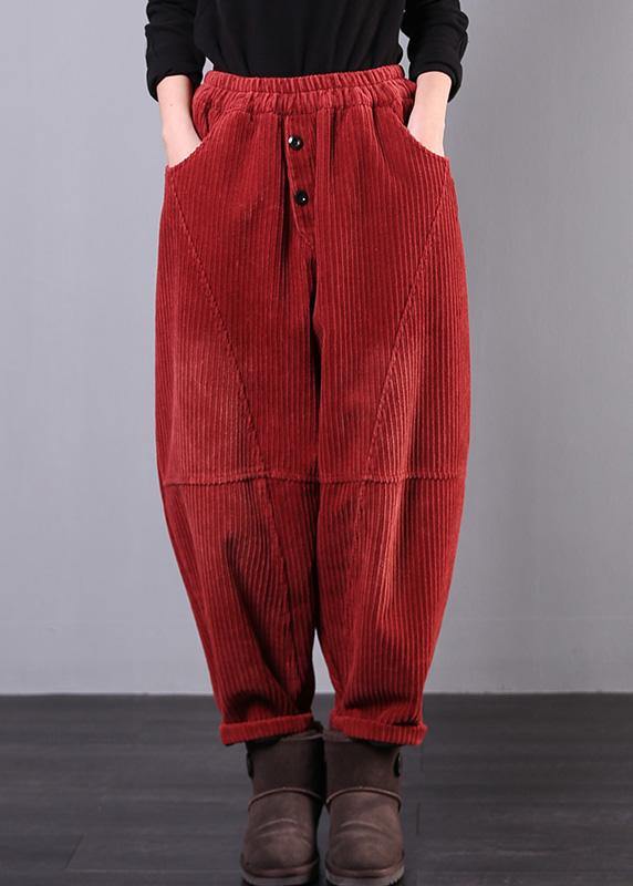 Modern Red Women Pants Oversize Fall Corduroy Pockets Cotton Casual Pants - bagstylebliss