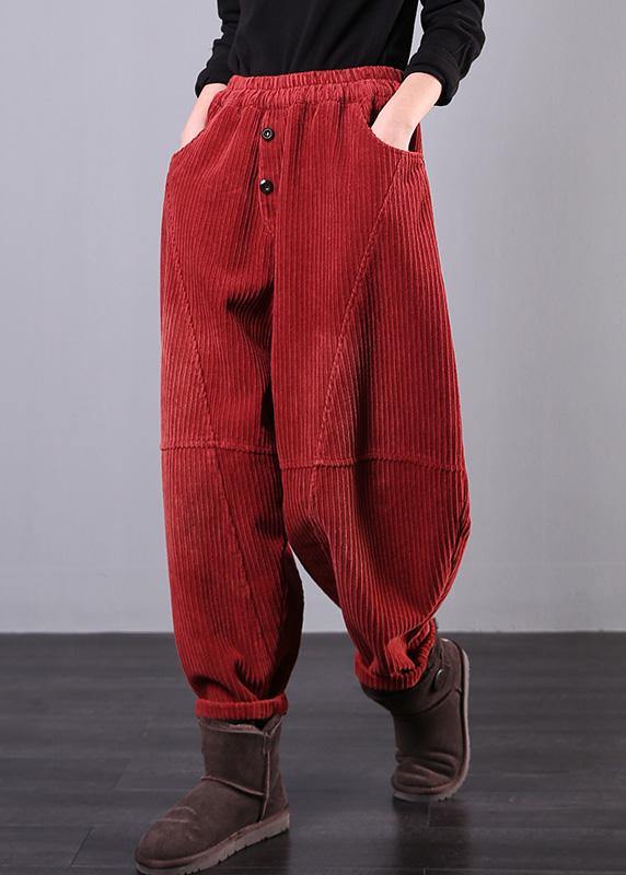 Modern Red Women Pants Oversize Fall Corduroy Pockets Cotton Casual Pants - bagstylebliss