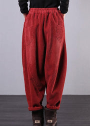 Modern Red Women Pants Oversize Fall Corduroy Pockets Cotton Casual Pants - bagstylebliss