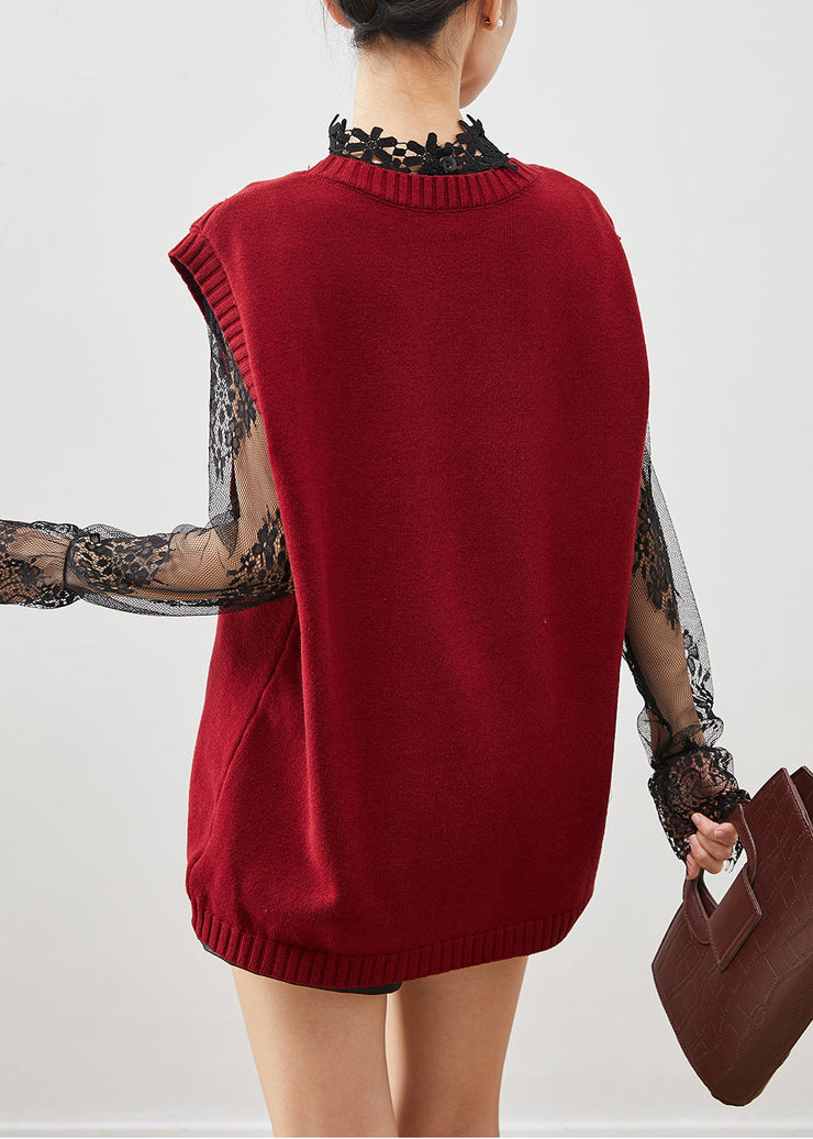 Mulberry Patchwork Button Knit Vests Asymmetrical Fall