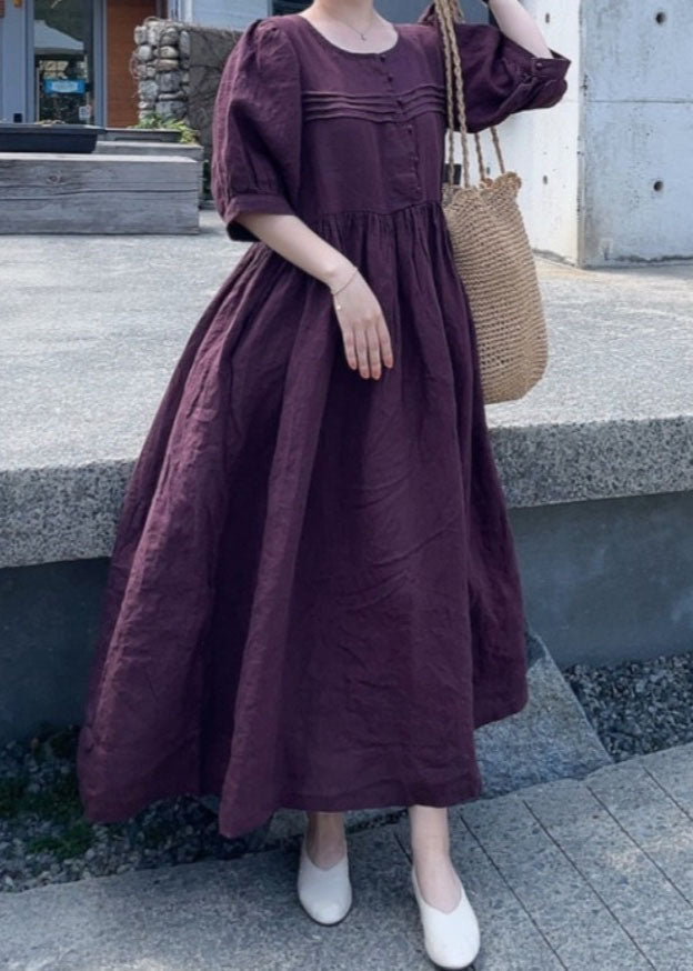 Yellow Patchwork Linen Dress O Neck Wrinkled Short Sleeve