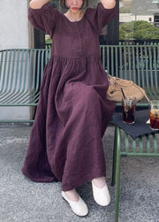 Orange Patchwork Linen Dress O Neck Wrinkled Short Sleeve