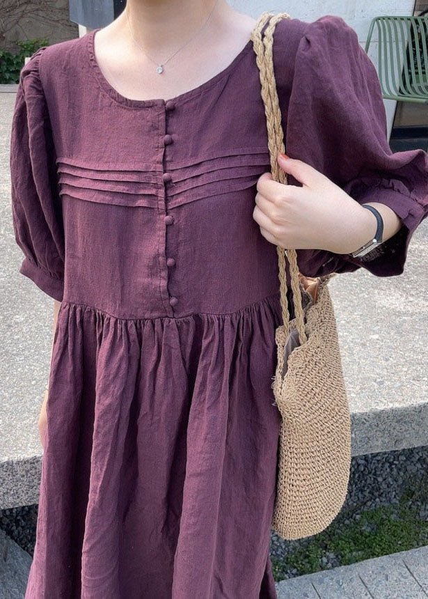 Orange Patchwork Linen Dress O Neck Wrinkled Short Sleeve