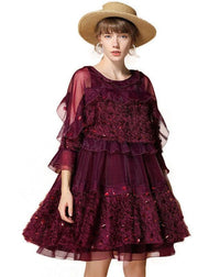 Mulberry Patchwork Tulle Dress Sequins Hollow Out Half Sleeve