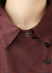 Mulberry Plaid Button Cotton Shirt Tops Peter Pan Collar Spring