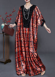 Mulberry Print Silk Robe Dresses Sequins Batwing Sleeve