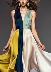 Multicolor Patchwork Silk Maxi Dresses Asymmetrical Summer