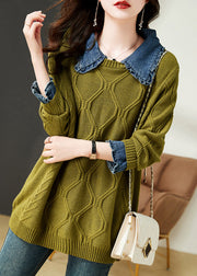 Mustard Green Denim Patchwork Cotton Knit Tops Peter Pan Collar Fall