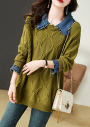 Mustard Green Denim Patchwork Cotton Knit Tops Peter Pan Collar Fall