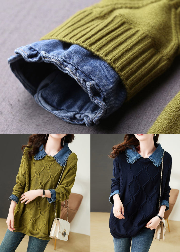 Mustard Green Denim Patchwork Cotton Knit Tops Peter Pan Collar Fall