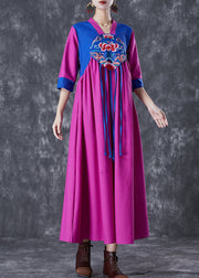 National Style Purple Red Embroideried Patchwork Tasseled Linen Dresses Summer