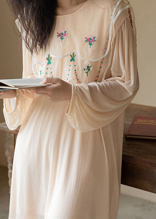 Natural Apricot O-Neck Embroideried Patchwork Ice Silk Pajamas Two Piece Spring